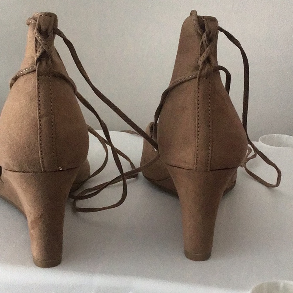 Nude tan wedge ankle wrap shoes 8 - Picture 7 of 11